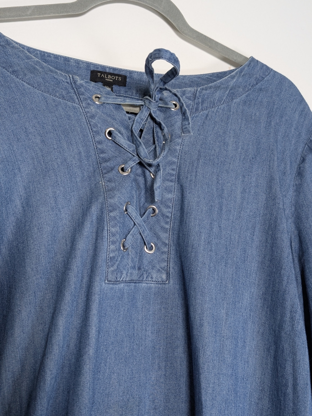 Talbots Woman 2X Chambray Denim Midi Dress Lace Up Coastal Boho Cottagecore - Picture 4 of 9
